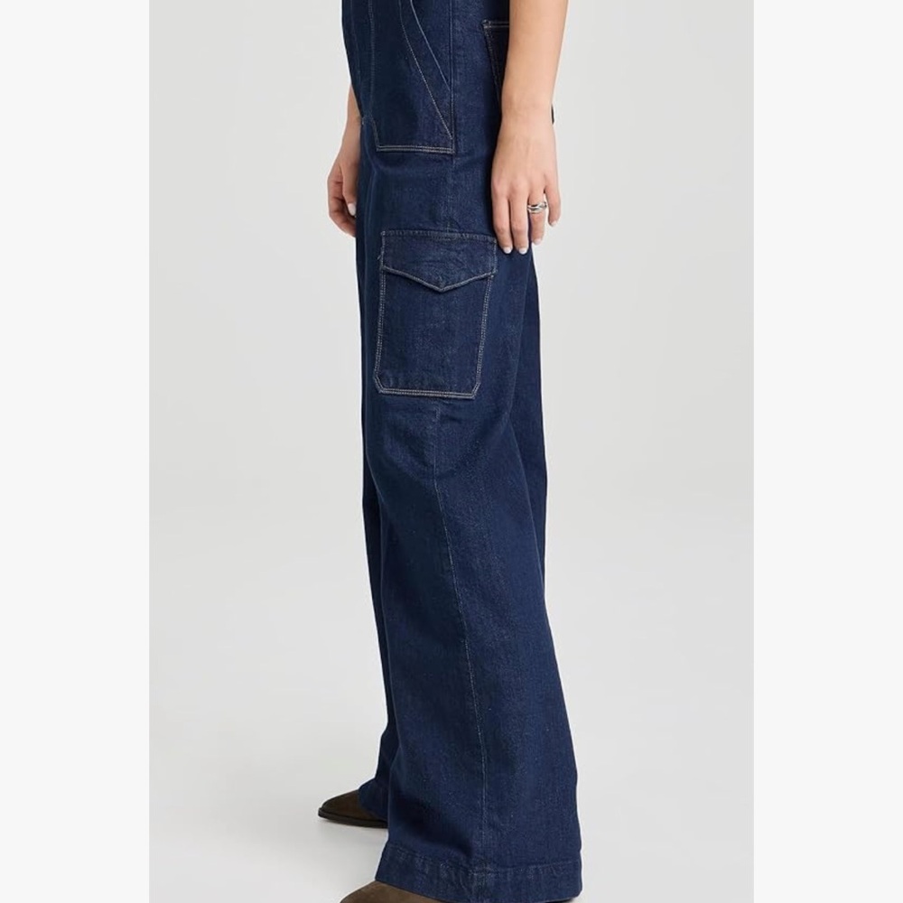 Paige NWT Harper Utility Cargo Women's Dark Blue Jeans with yellow stitching.
